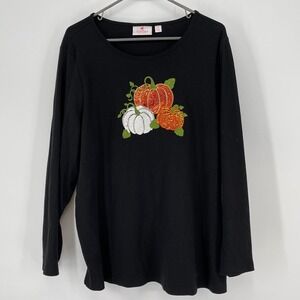 Quacker Factory Black Novelty Sequin Pumpkin Fall Long Sleeve Top 1X Holiday